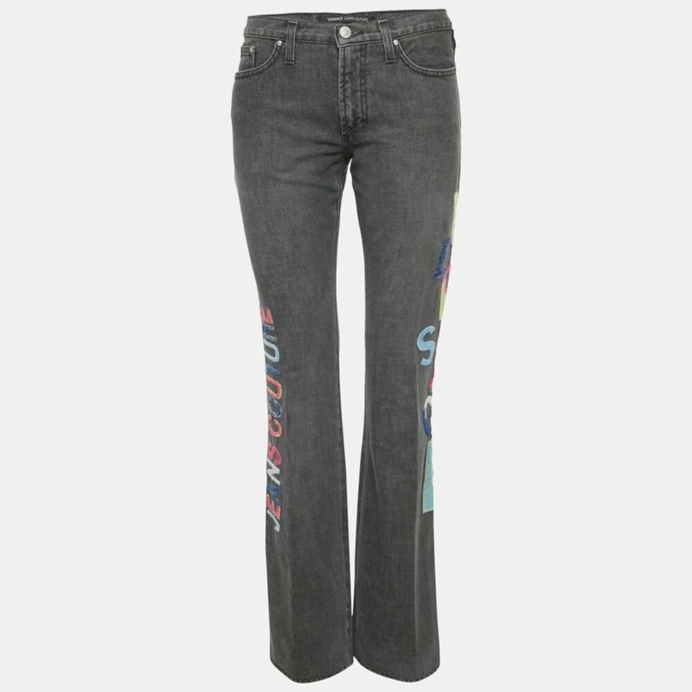 Versace Jeans Couture Grey Logo Embroidered Cotton Wide Leg Jeans M Waist 30"